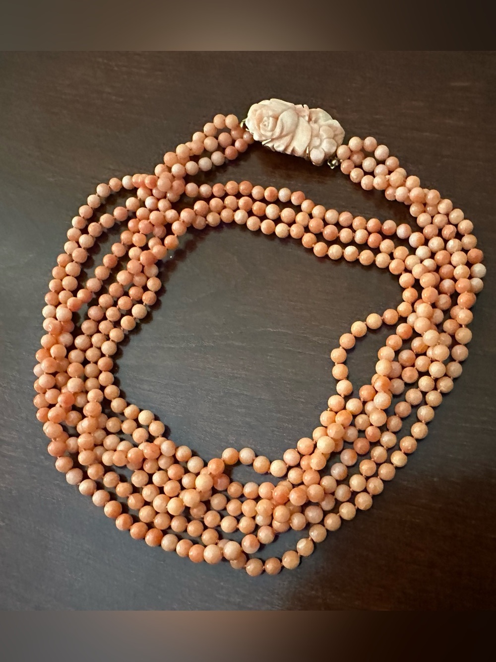 Multi-Strand Peach Bead Necklace with Carved Rose Clasp
